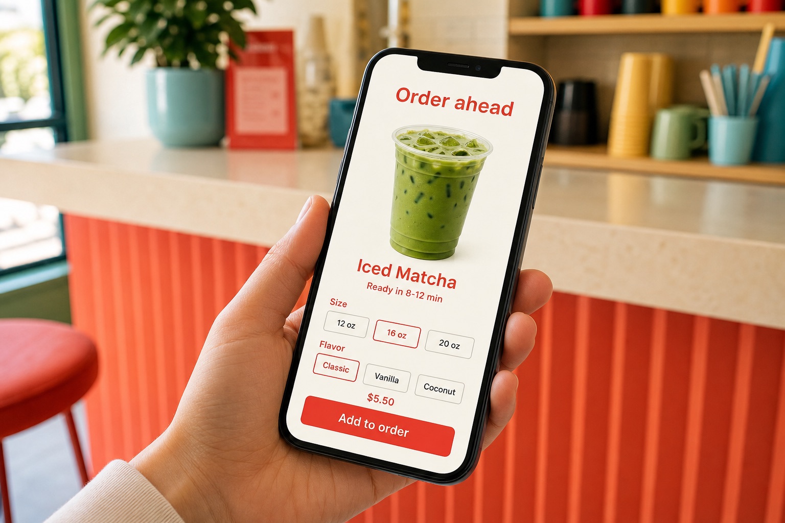 Concept mockup of a customer ordering a customized drink from a phone