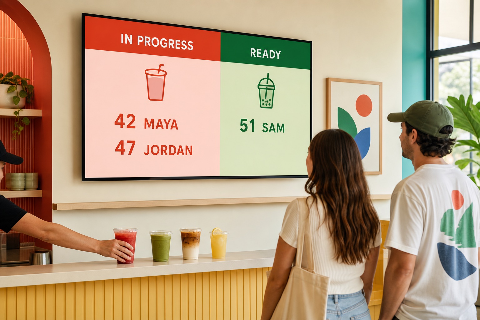 Concept mockup of customers watching an in-progress and ready pickup display