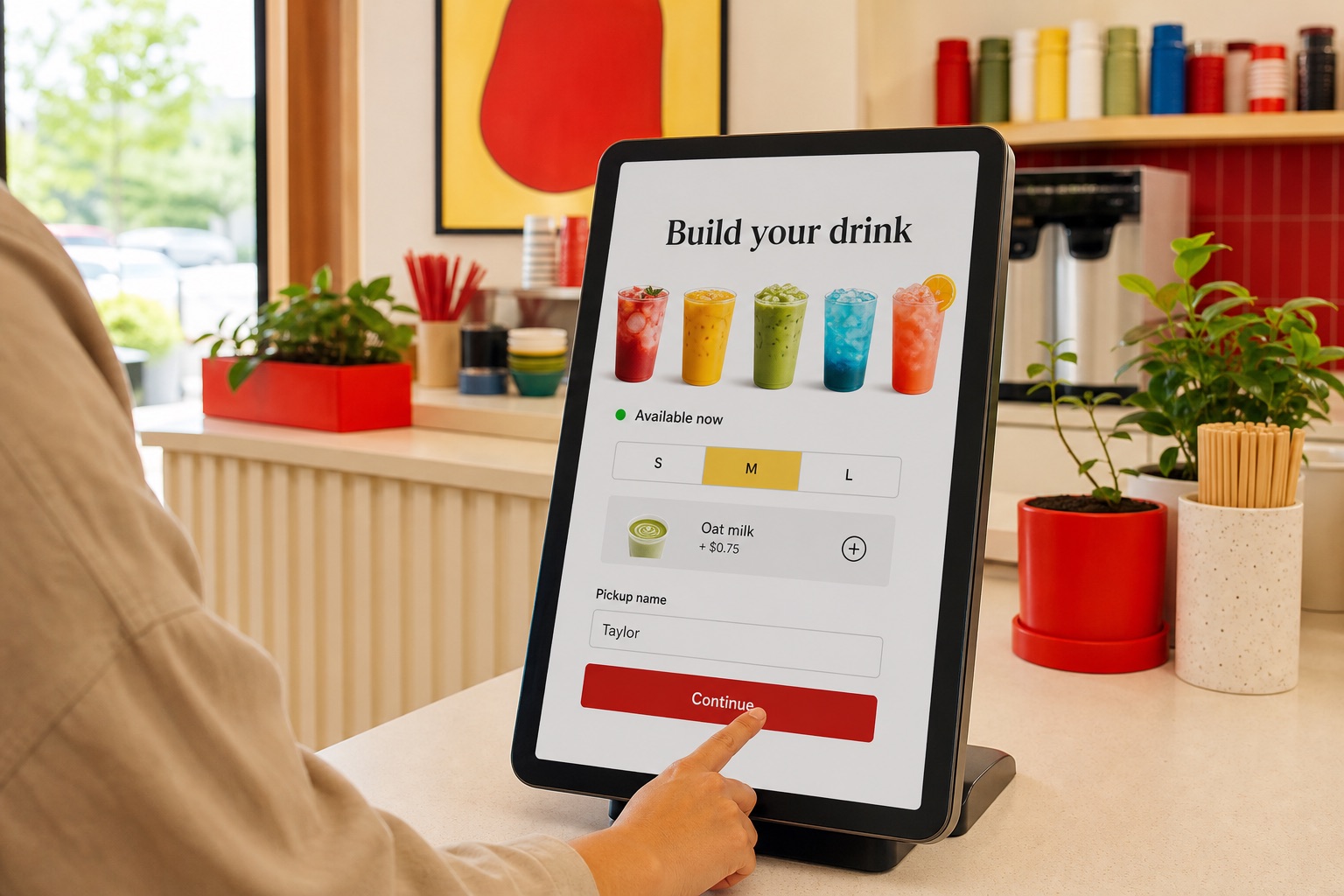Concept mockup of a customer customizing a drink on a self-order kiosk