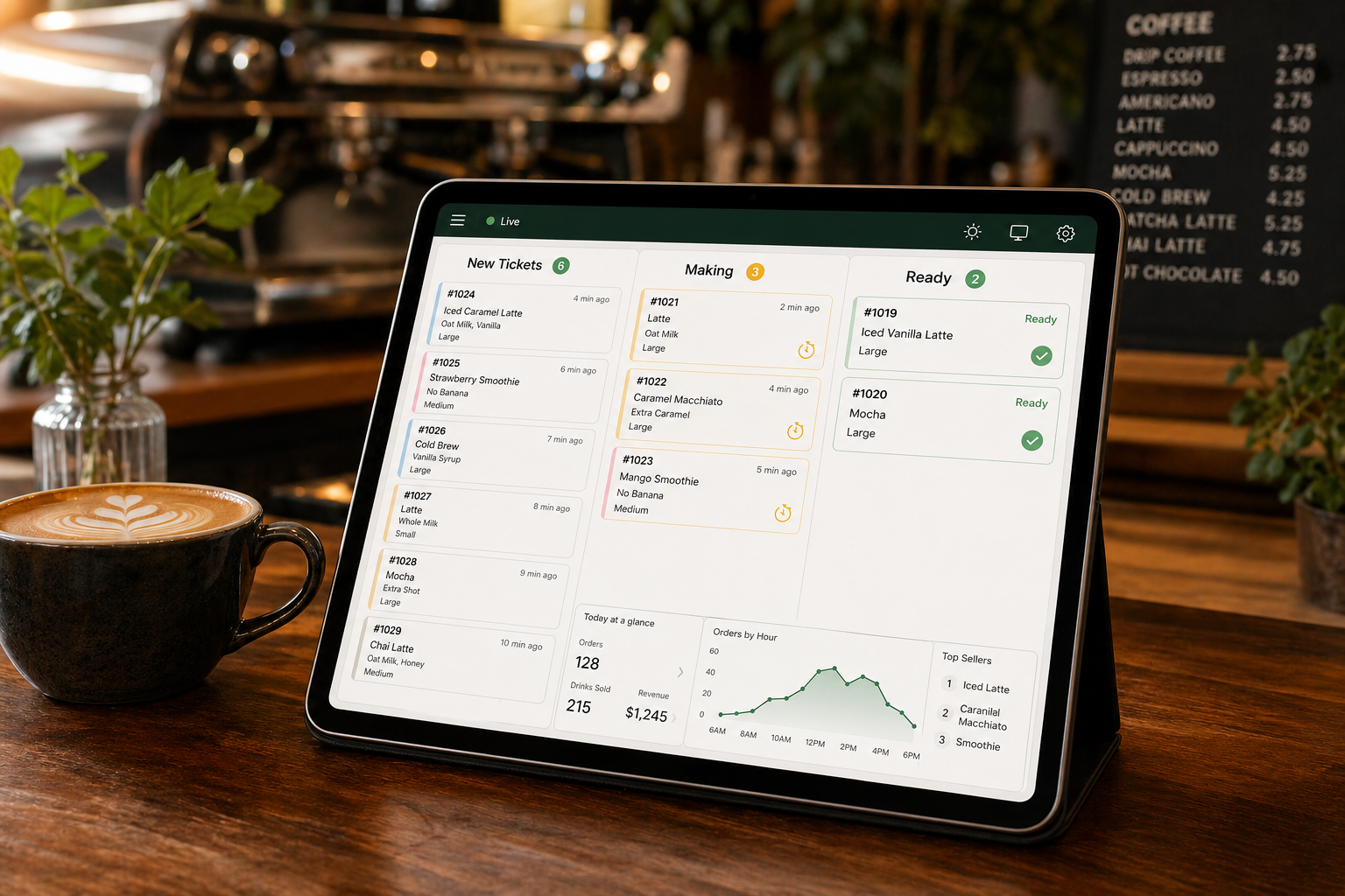 DrinkFlow KDS running on an iPad at a coffee counter